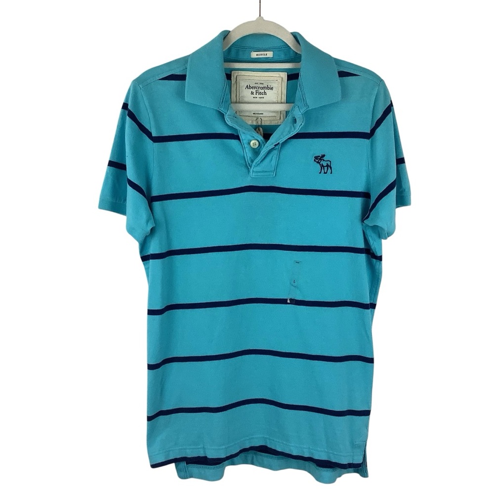NWT Abercrombie & Fitch Muscle Teal and Blue Stripes Polo Shirt Size Large